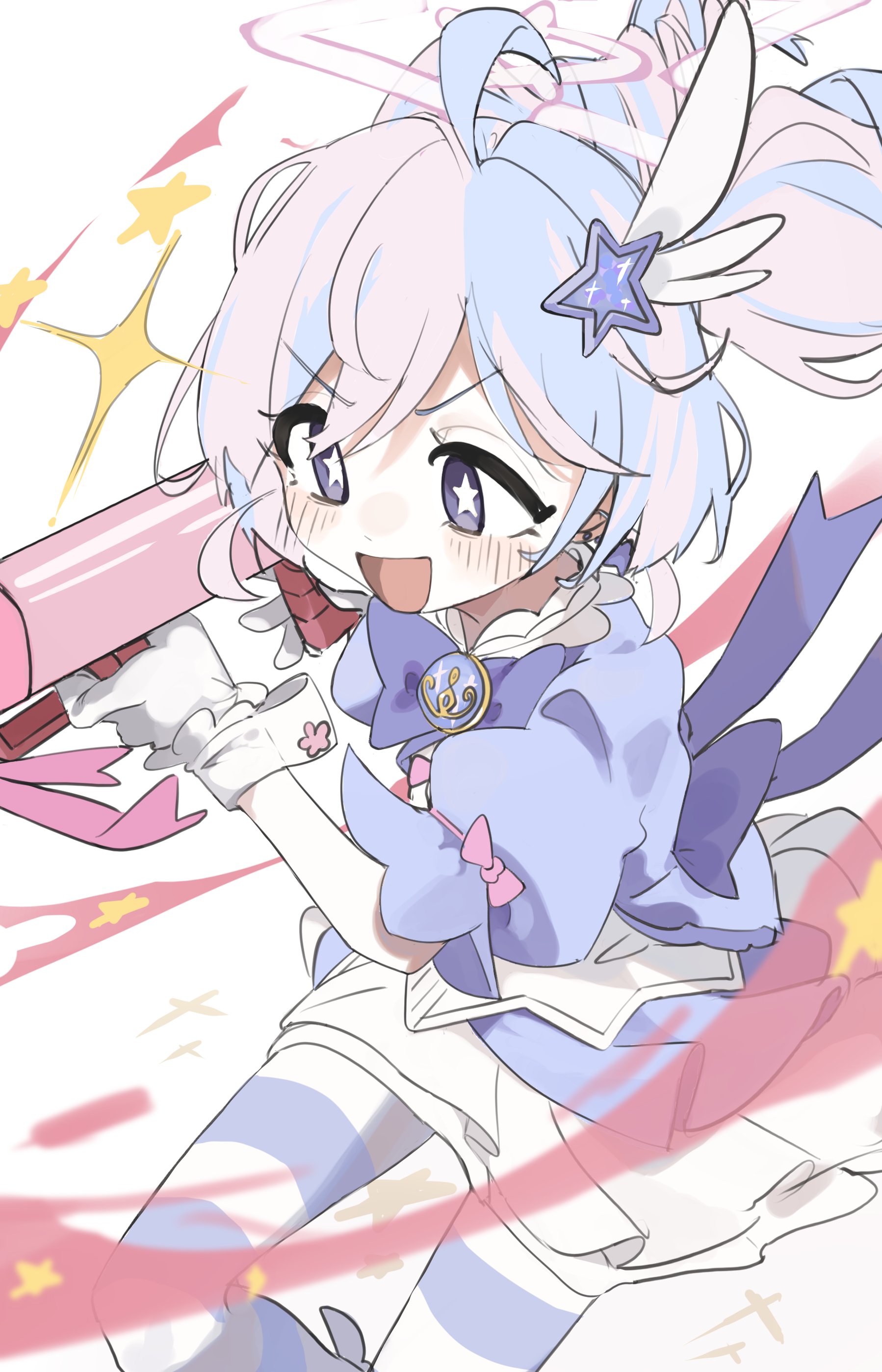 ainkun, reisa (blue archive), reisa (magical) (blue archive), blue archive, absurdres, highres, 1girl, :d, ahoge, blue eyes, blue hair, blush, gloves, gun, hair ornament, halo, holding, holding gun, holding weapon, multicolored hair, official alternate costume, open mouth, pantyhose, pink hair, pink halo, puffy short sleeves, puffy sleeves, rocket launcher, rpg, rpg-7, rpg (weapon), short sleeves, skirt, smile, star-shaped pupils, star (symbol), star hair ornament, striped clothes, striped pantyhose, symbol-shaped pupils, two-tone hair, weapon, white gloves, white skirt
