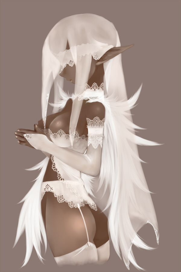 jill (jiru), jiru, original, 1girl, ass, bare shoulders, blindfold, breasts, dark-skinned female, dark skin, dress, elbow gloves, elf, female focus, garter belt, garter straps, gloves, large breasts, lingerie, long hair, nipples, no panties, pointy ears, solo, thighhighs, underwear, veil, very long hair, white hair