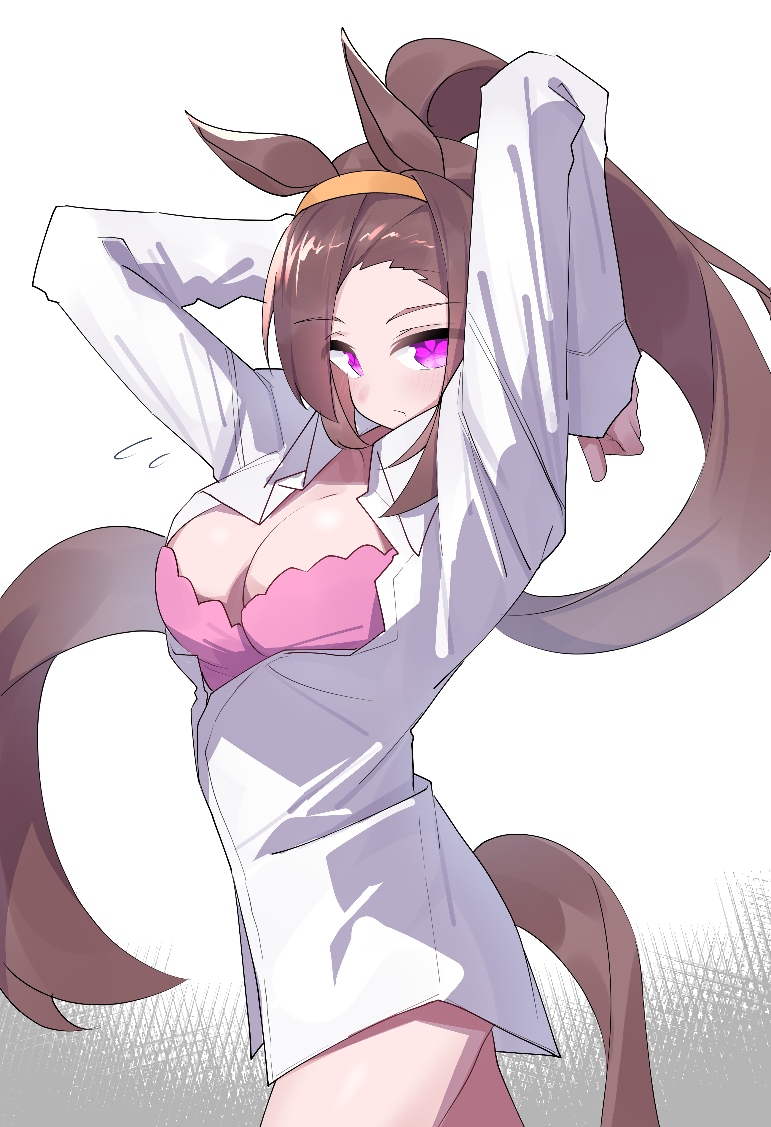 yorozuya (yoroz ryobi), sakura bakushin o (umamusume), umamusume, absurdres, commentary request, highres, 1girl, animal ears, arms up, bra, breasts, brown background, brown hair, cleavage, closed mouth, collared shirt, flower-shaped pupils, hairband, horse ears, horse girl, horse tail, long hair, looking at viewer, orange hairband, partially unbuttoned, pink bra, pink eyes, shirt, simple background, solo, symbol-shaped pupils, tail, two-tone background, underwear, white background, white shirt