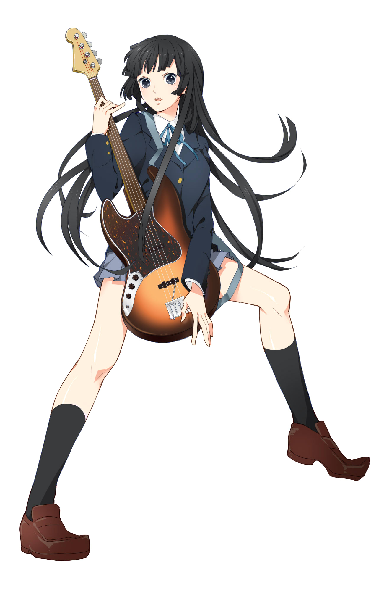 do (drm), akiyama mio, k-on!, bad id, bad pixiv id, highres, 00s, 1girl, bass guitar, black eyes, black hair, female focus, full body, guitar, instrument, long hair, school uniform, simple background, solo