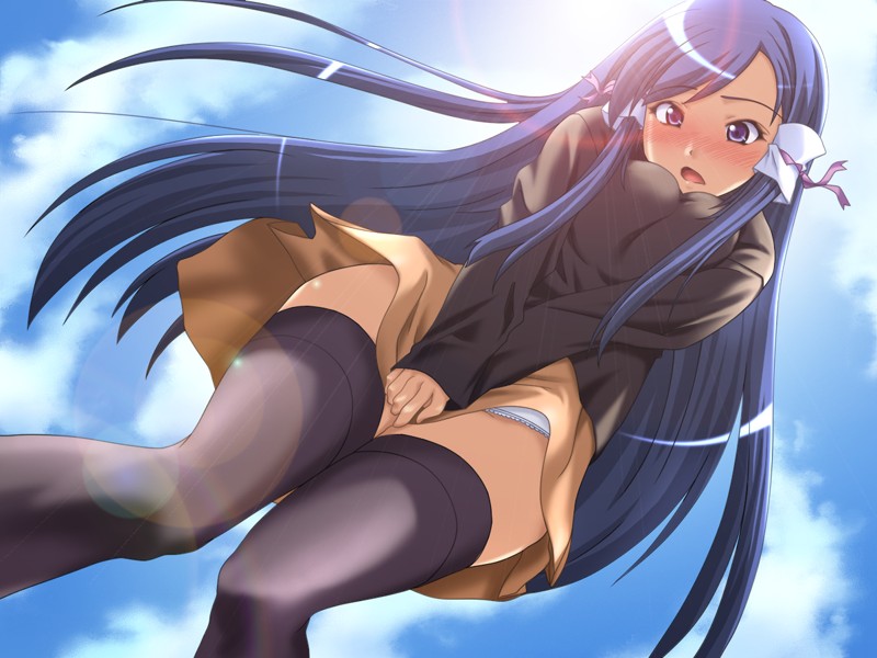 haganemaru kennosuke, yoshihara maito, jamming rumble, game cg, 1girl, blue hair, blush, cloud, covering privates, female focus, hair ribbon, long hair, panties, pantyshot, purple eyes, purple hair, ribbon, shirt, skirt, skirt tug, sky, socks, solo, sweater, thighhighs, underwear