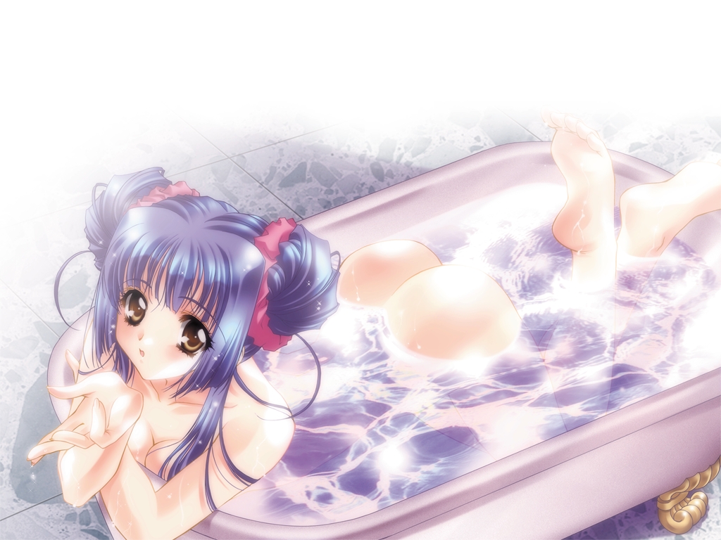 carnelian, kuraki suzuna, kao no nai tsuki, duplicate, 00s, 1girl, ass, barefoot, bath, bathtub, blush, breast press, breasts, brown eyes, claw foot bathtub, cleavage, feet, female focus, hair ribbon, large breasts, nude, purple hair, ribbon, solo, water