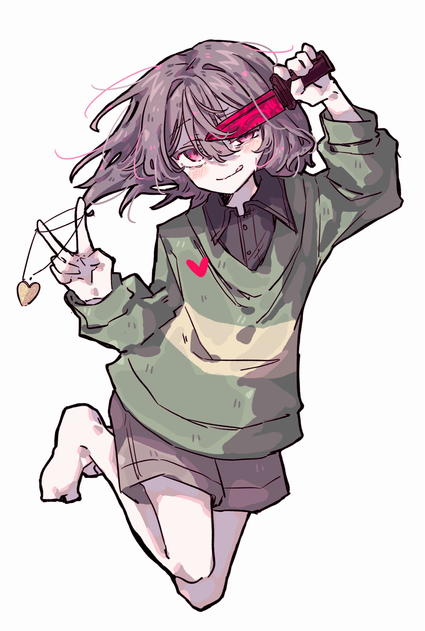 chara (undertale), undertale, utdr (toby fox), highres, 1other, :q, androgynous, barefoot, brown hair, brown shorts, green sweater, heart, heart necklace, jewelry, knife, looking at viewer, necklace, okura 0915, other focus, red eyes, short hair, shorts, simple background, solo, striped clothes, striped sweater, sweater, tongue, tongue out, two-tone sweater, white background
