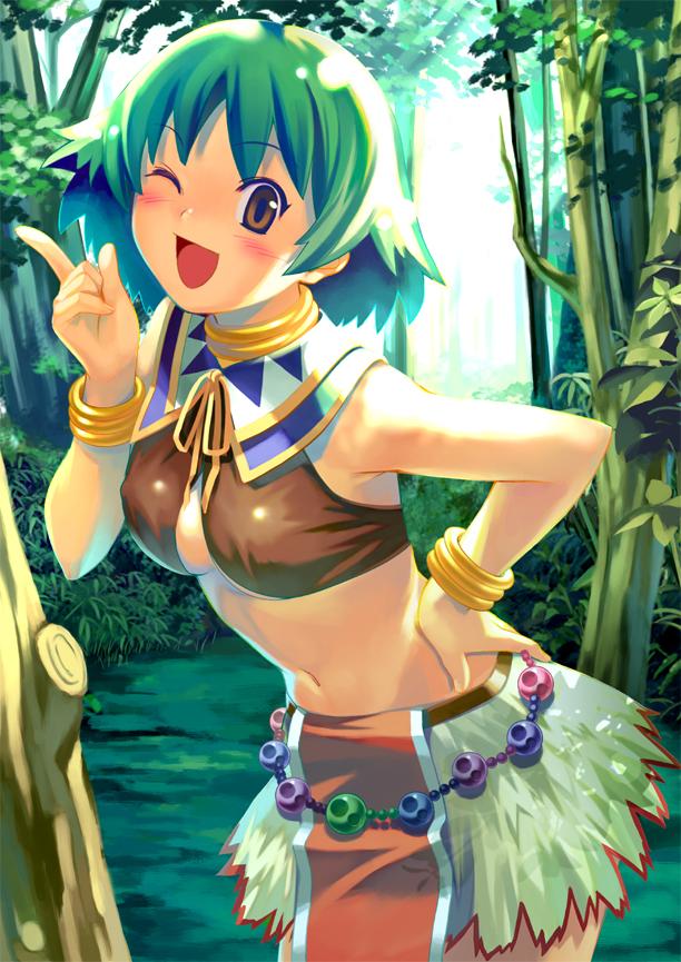 koutaro, morgan (tears to tiara), tears to tiara, 00s, 1girl, bare shoulders, belt, blush, bracelet, breasts, brown eyes, choker, cleavage, crop top, day, female focus, forest, green hair, hand on own hip, hip focus, jewelry, large breasts, leaning forward, loincloth, midriff, nature, navel, one eye closed, open mouth, outdoors, pointing, ribbon, short hair, skirt, smile, solo, thighhighs, tree, wink