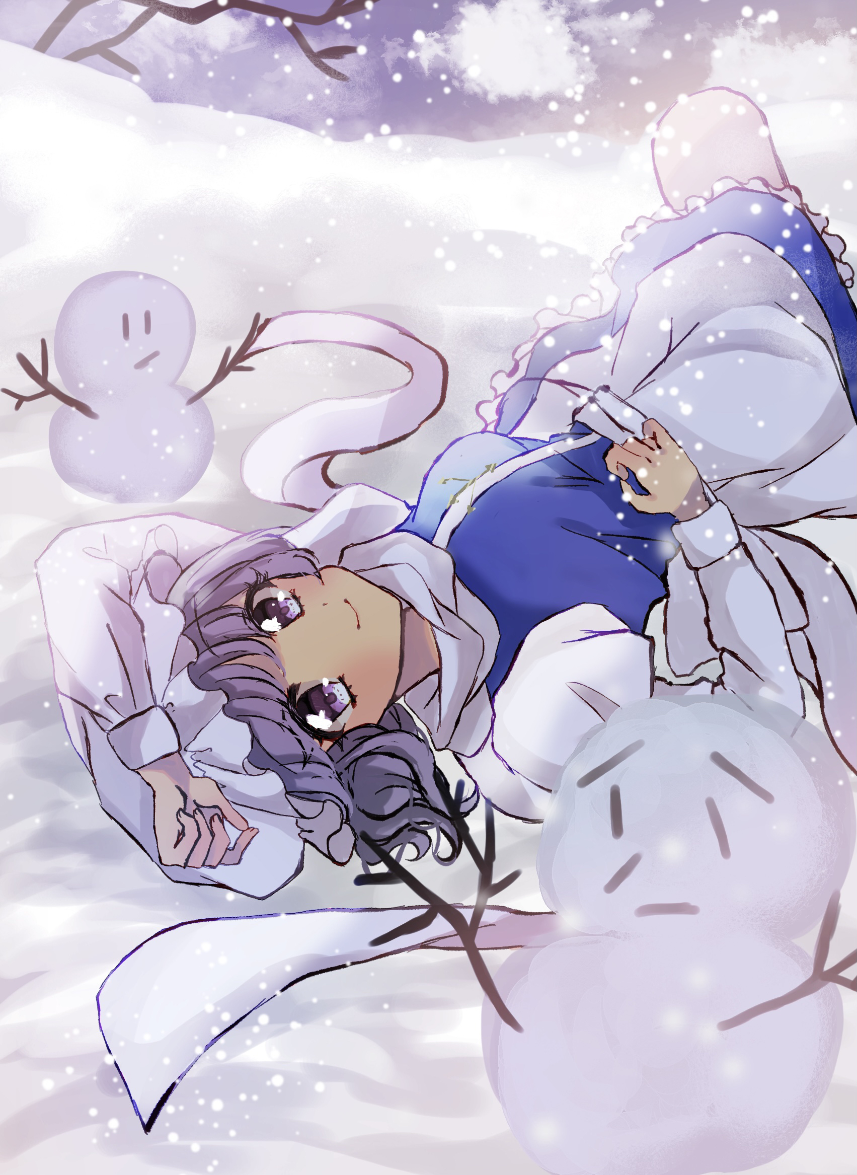 151moneco, letty whiterock, touhou, commentary request, highres, partial commentary, 1girl, apron, blue skirt, blue vest, blush, grey hair, hat, juliet sleeves, long sleeves, looking at viewer, lying, on back, on ground, outdoors, puffy sleeves, purple eyes, scarf, shirt, skirt, smile, snow, snowing, snowman, solo, vest, waist apron, white apron, white hat, white scarf, white shirt