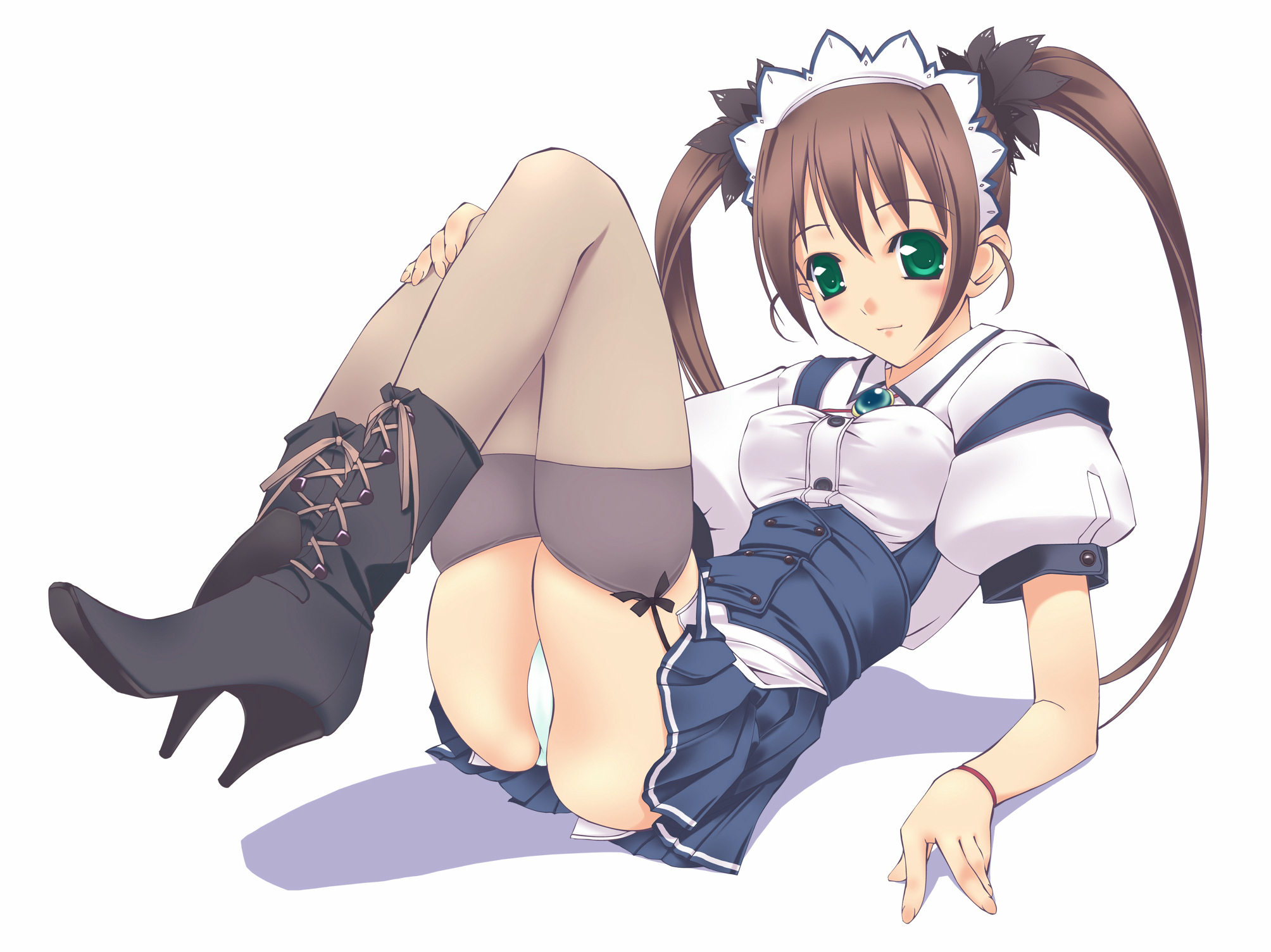 murakami suigun, f-ism, original, highres, 1girl, ass, blush, boots, brown hair, female focus, garter belt, garter straps, green eyes, legs, long hair, panties, pantyshot, school uniform, solo, thighhighs, twintails, underwear, zettai ryouiki