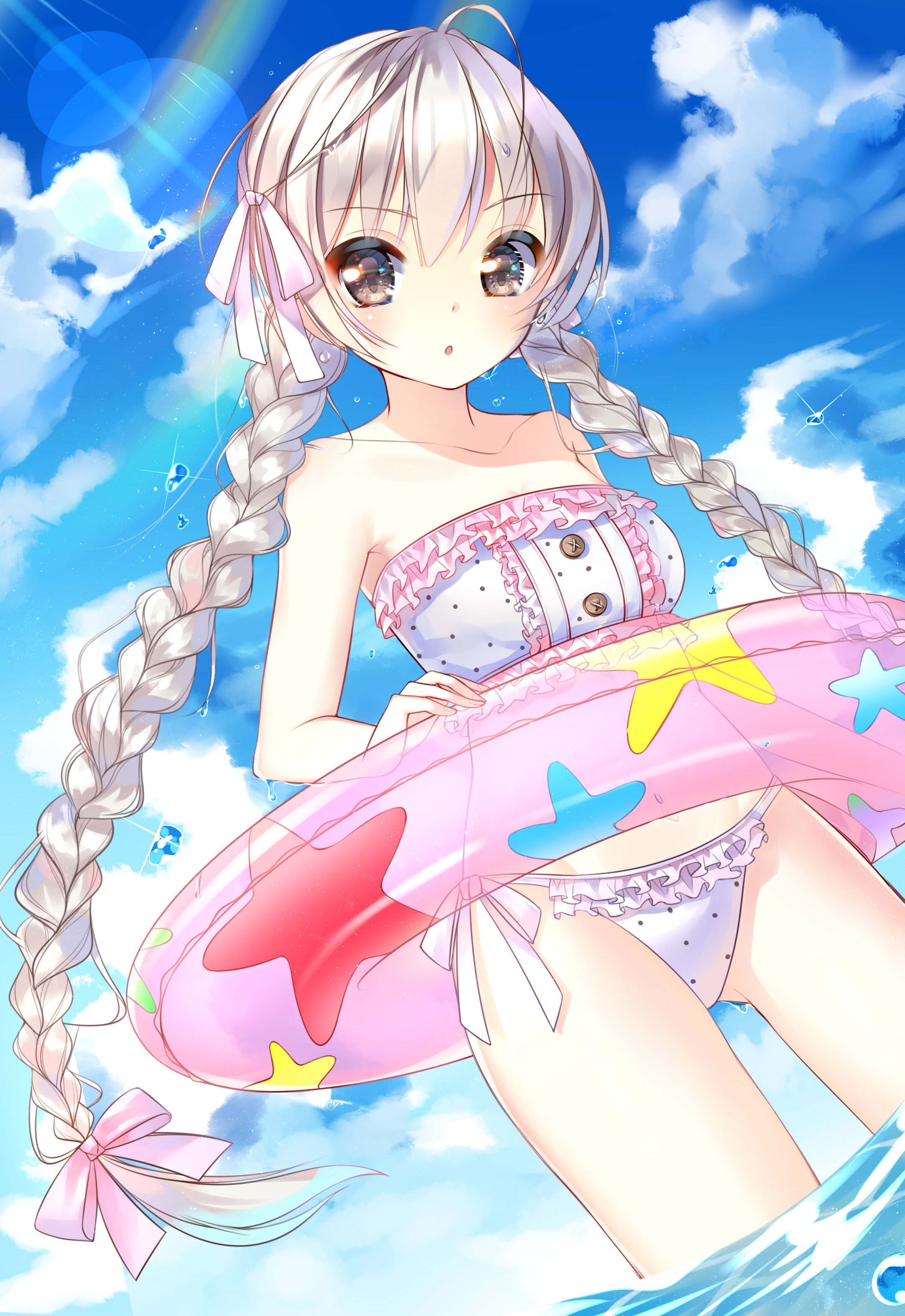 hate ani hikae, kasugano sora, yosuga no sora, absurdres, highres, 1girl, alternate hairstyle, bikini, braid, breasts, frilled bikini, frills, grey eyes, grey hair, innertube, long hair, looking at viewer, outdoors, side-tie bikini bottom, small breasts, solo, sunlight, swim ring, swimsuit, twin braids, very long hair, water