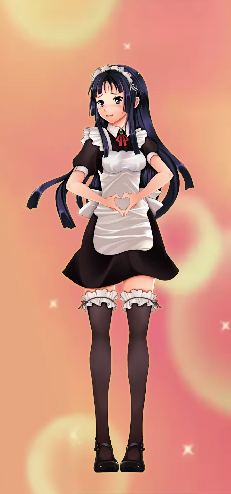 cruizer, akiyama mio, k-on!, bad id, bad pixiv id, highres, 00s, 1girl, alternate costume, apron, averting eyes, black eyes, black hair, black shoes, black thighhighs, blunt bangs, blush, breasts, dress, embarrassed, enmaided, female focus, frilled thighhighs, frills, full body, gradient background, hair ornament, heart, heart hands, hime cut, legs, long hair, maid, maid apron, maid headdress, moe moe kyun!, shoes, short dress, sidelocks, solo, standing, tears, thighhighs, zettai ryouiki