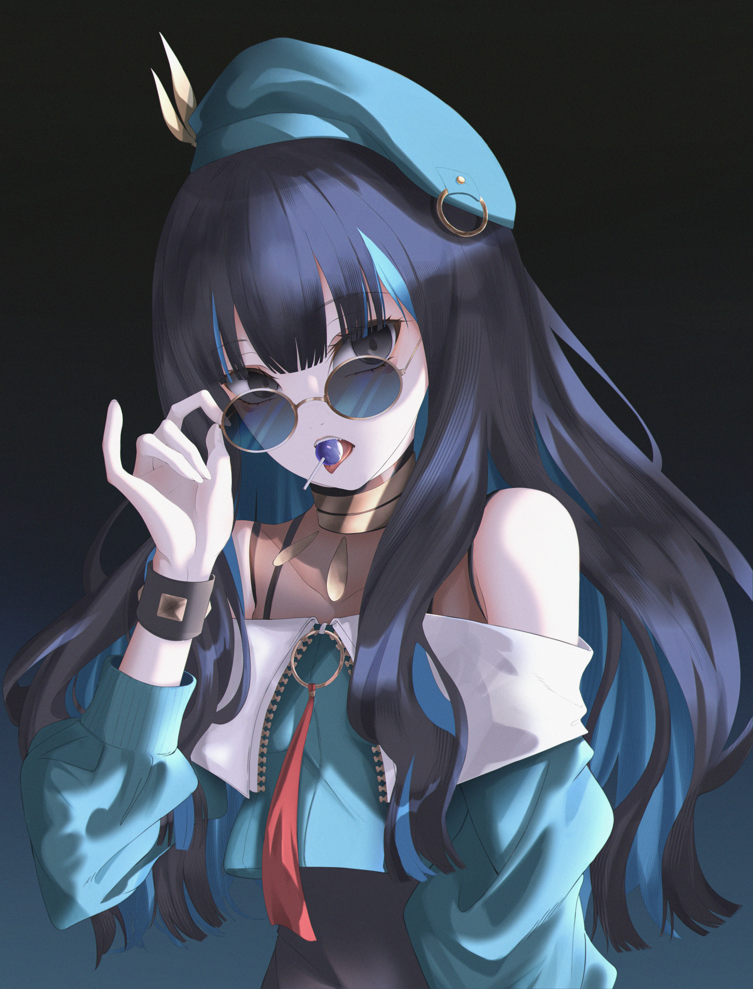 pitohui mekirin, tenochtitlan (fate), tenochtitlan (second ascension) (fate), fate/grand order, fate (series), highres, 1girl, bare shoulders, beret, black hair, black shorts, blue hair, bracelet, breasts, candy, colored inner hair, eyeliner, food, green hat, green jacket, grey eyes, hat, jacket, jewelry, lollipop, long hair, long sleeves, looking at viewer, makeup, multicolored hair, neck ring, o-ring, off shoulder, open mouth, round eyewear, shorts, sidelocks, small breasts, solo, sunglasses, tongue, tongue out, zipper