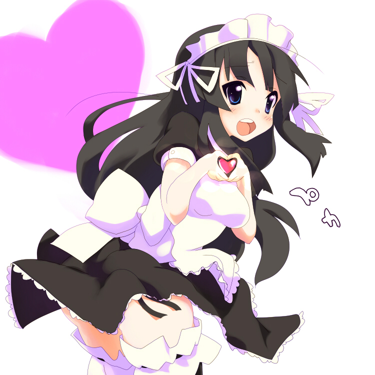 sora to umi, akiyama mio, k-on!, 00s, 1girl, alternate costume, black hair, blue eyes, enmaided, female focus, heart, heart hands, maid, maid headdress, moe moe kyun!, open mouth, round teeth, solo, teeth, thighhighs