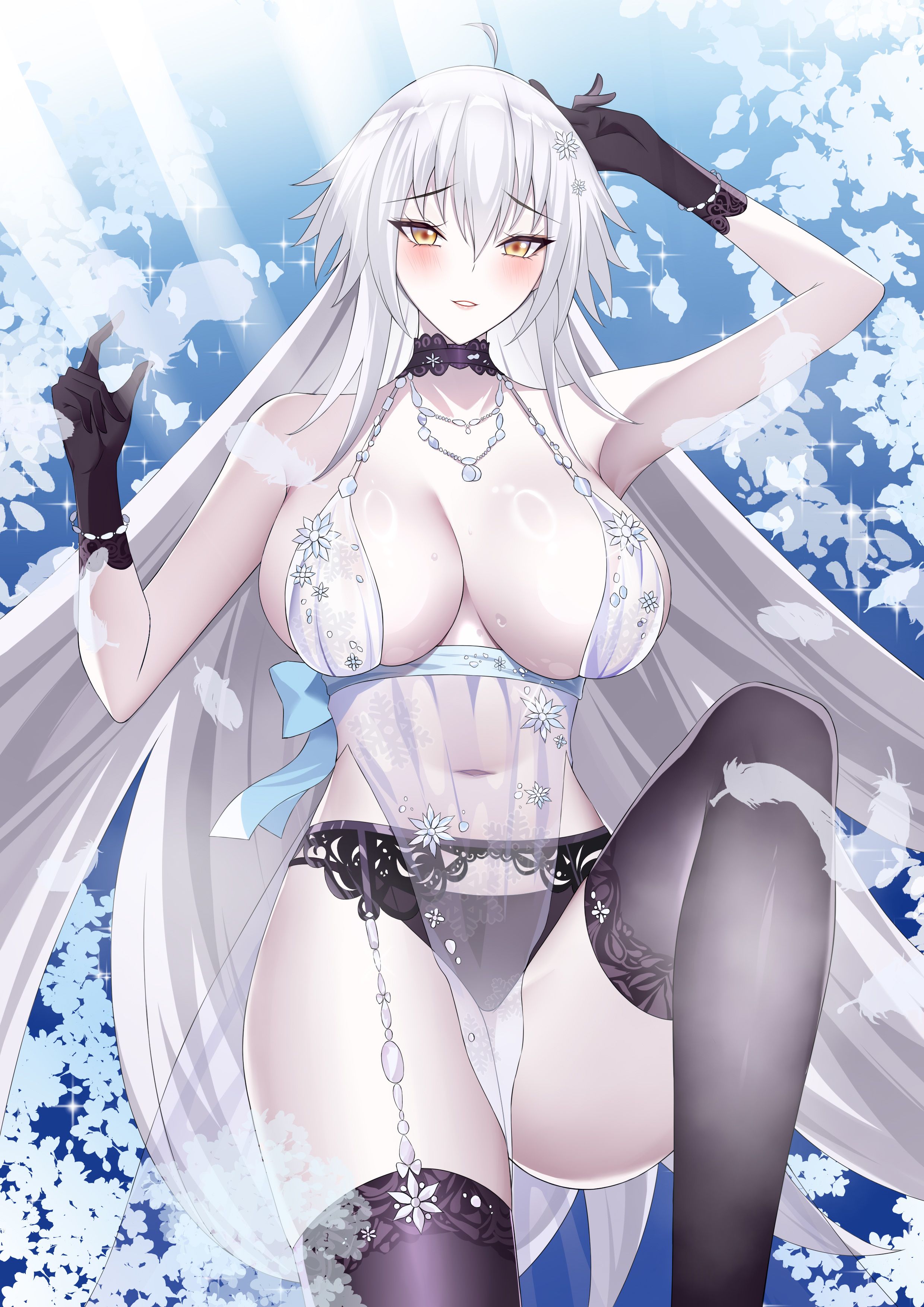 heiyu corleone, artoria pendragon (fate), artoria pendragon (lancer alter) (fate), artoria pendragon (royal icing) (fate), jeanne d'arc alter (fate), fate/grand order, fate (series), absurdres, highres, 1girl, artoria pendragon (royal icing) (fate) (cosplay), babydoll, bare shoulders, black gloves, black thighhighs, blue babydoll, blush, breasts, choker, cleavage, cosplay, garter belt, gloves, grey hair, jewelry, large breasts, long hair, looking at viewer, necklace, pelvic curtain, see-through clothes, snowflake print, solo, thighhighs, very long hair, yellow eyes
