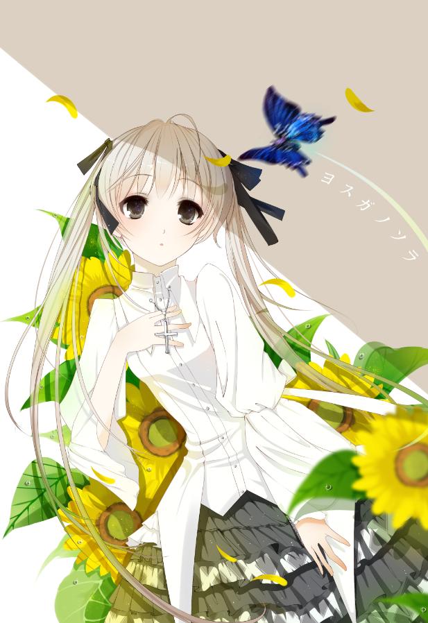 hate ani hikae, kasugano sora, yosuga no sora, 1girl, black eyes, bug, butterfly, cross, cross necklace, expressionless, flower, grey hair, insect, jewelry, long hair, looking at viewer, necklace, petals, shirt, skirt, solo, twintails, white shirt
