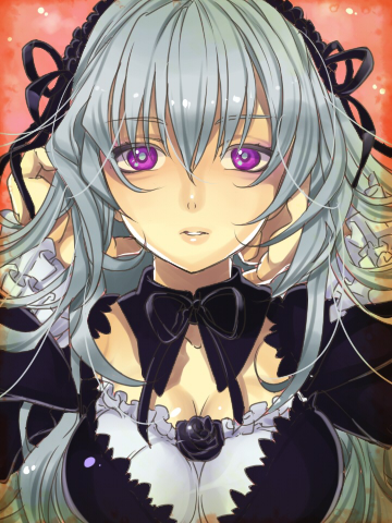 ozonenozo, suigintou, rozen maiden, silver hair, lowres, 00s, breasts, cleavage, large breasts, long hair, purple eyes, solo