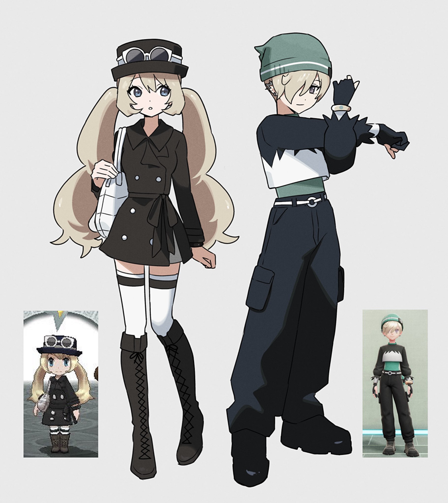 oromnt, harmony (pokemon), serena (pokemon), nintendo, original, pokemon, pokemon legends: z-a, pokemon xy, highres, 2girls, alternate costume, alternate hair color, bag, beanie, black boots, black coat, black gloves, black hat, black pants, black shirt, blonde hair, boots, breasts, coat, eyewear on headwear, fingerless gloves, game screenshot inset, gloves, grey eyes, hair over one eye, hat, long hair, long sleeves, looking at viewer, multiple girls, official alternate costume, pants, shirt, short hair, shoulder bag, sunglasses, thighhighs, twintails, undershirt, white-framed eyewear, white bag, white shirt, white thighhighs