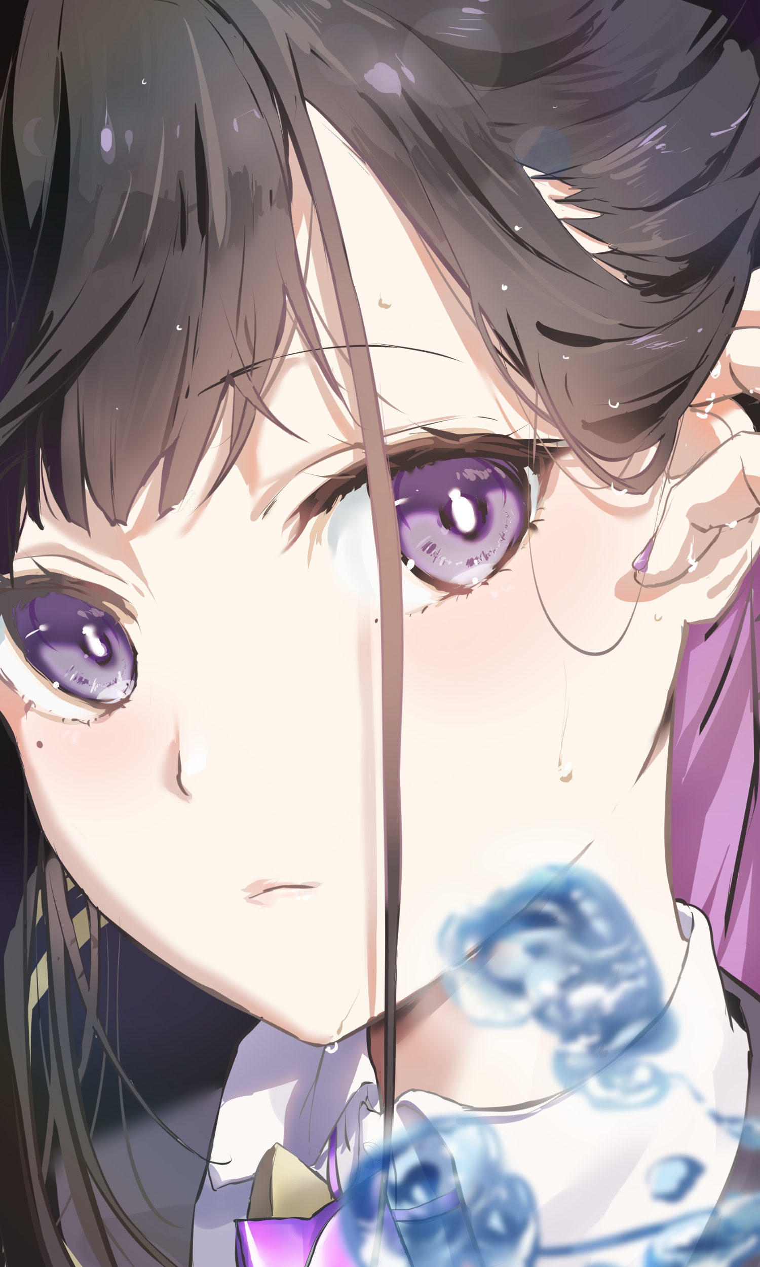 kuu (user gngs5284), chitose (stella sora), stella sora, absurdres, commentary, highres, 1girl, black hair, black sailor collar, close-up, closed mouth, collared shirt, colored inner hair, dress shirt, hair behind ear, light frown, looking at viewer, multicolored hair, purple eyes, purple hair, sailor collar, shirt, solo, water, wet, white shirt