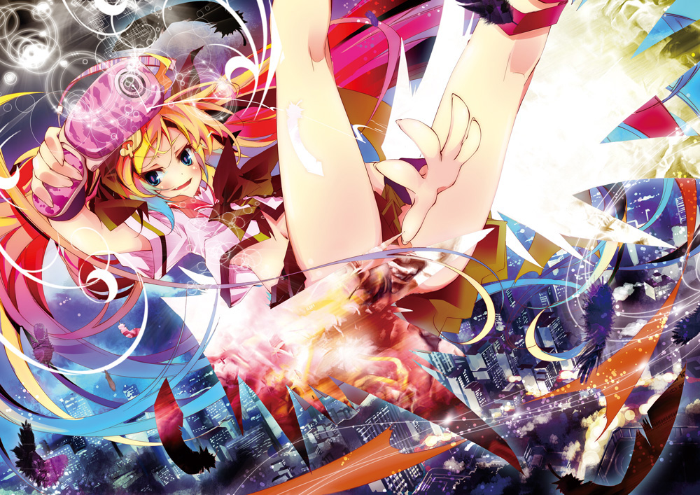 kamiya yuu, blonde hair, blue eyes, blush, cellphone, city, fang, long hair, midair, midriff, phone, school uniform, smirk, solo, twintails