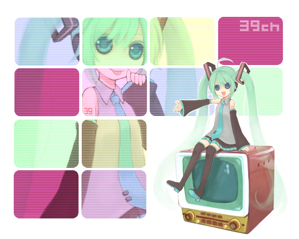 suzushiro haru, hatsune miku, vocaloid, bad id, bad pixiv id, 1girl, :p, ahoge, black thighhighs, blue eyes, detached sleeves, female focus, green hair, hair ornament, happy, laughing, long hair, miniskirt, necktie, open mouth, pleated skirt, sidelocks, sitting, skirt, sleeves past wrists, smile, solo, television, thighhighs, tongue, tongue out, twintails, zettai ryouiki