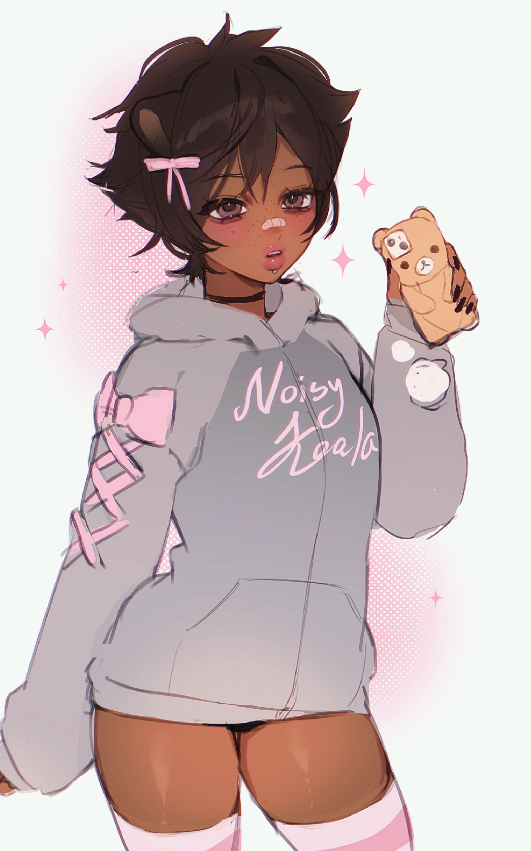 noisykoala, original, commentary, english commentary, highres, 1girl, aegyo sal, animal ears, artist name, bandaid, bandaid on face, bandaid on nose, bear ears, bear girl, black choker, black nails, brown eyes, brown hair, choker, cowboy shot, dark-skinned female, dark skin, double-parted bangs, eyelashes, face piercing, fingernails, four-pointed star, freckles, grey hoodie, hair ribbon, halftone, halftone background, hand up, holding, holding phone, hood, hoodie, labret piercing, light blush, long fingernails, looking at viewer, oversized clothes, parted lips, phone, phone with ears, piercing, pink ribbon, pink thighhighs, pixie cut, ribbon, rika (noisykoala), shiny skin, sketch, skindentation, sleeve ribbon, smartphone case, striped clothes, striped thighhighs, teeth, thick lips, thighhighs, upper teeth only, white background
