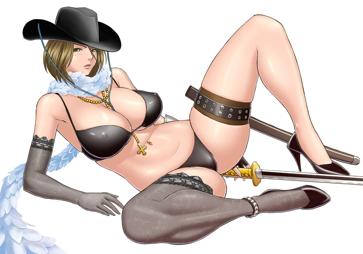 tatsunami youtoku, aya (oneechanbara), oneechanbara, 1girl, anklet, arm support, bikini, black bikini, blush, breasts, cowboy hat, curvy, elbow gloves, female focus, gloves, hat, high heels, huge breasts, jewelry, legs, mature female, navel, navel piercing, necklace, piercing, print gloves, print thighhighs, shoes, single elbow glove, single glove, single thighhigh, solo, spread legs, swimsuit, sword, thigh strap, thighhighs, thighs, weapon