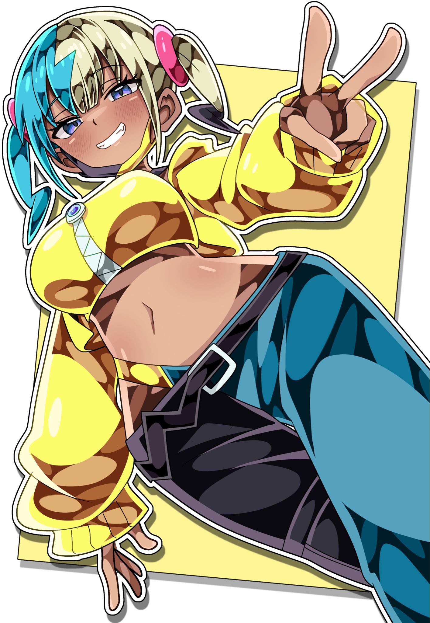shiki (kisikisi1007), canari (pokemon), nintendo, pokemon, pokemon legends: z-a, commentary, highres, 1girl, aqua hair, bandeau, black hair, black pants, blonde hair, blue pants, blush, dark-skinned female, dark skin, grin, jacket, long sleeves, looking at viewer, midriff, multicolored hair, navel, pants, purple eyes, smile, solo, twintails, two-tone background, v, white background, yellow background, yellow bandeau, yellow jacket