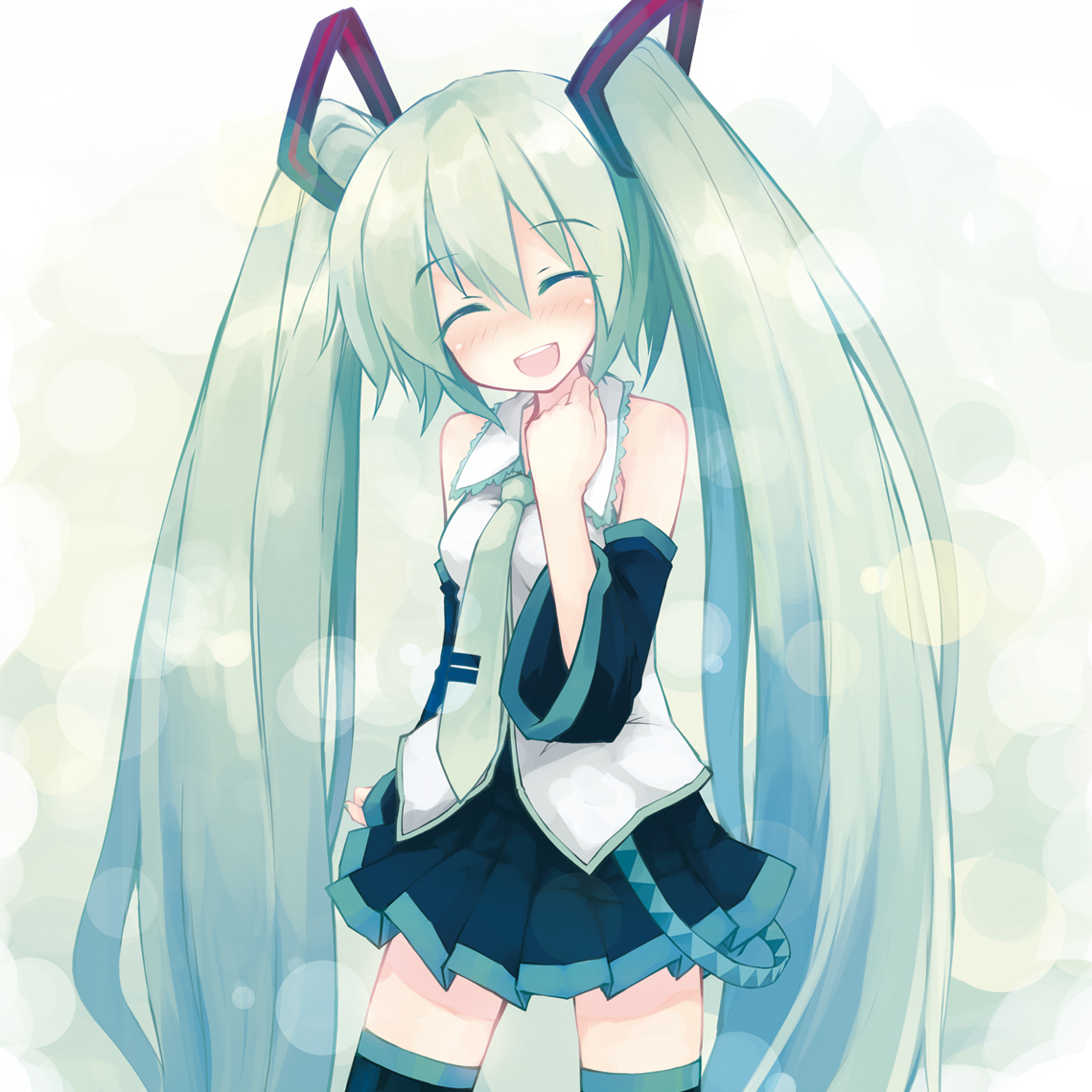 ykt, yukitarou (awamori), hatsune miku, vocaloid, 1girl, blush, closed eyes, detached sleeves, female focus, green hair, long hair, necktie, smile, solo, thighhighs, twintails, very long hair