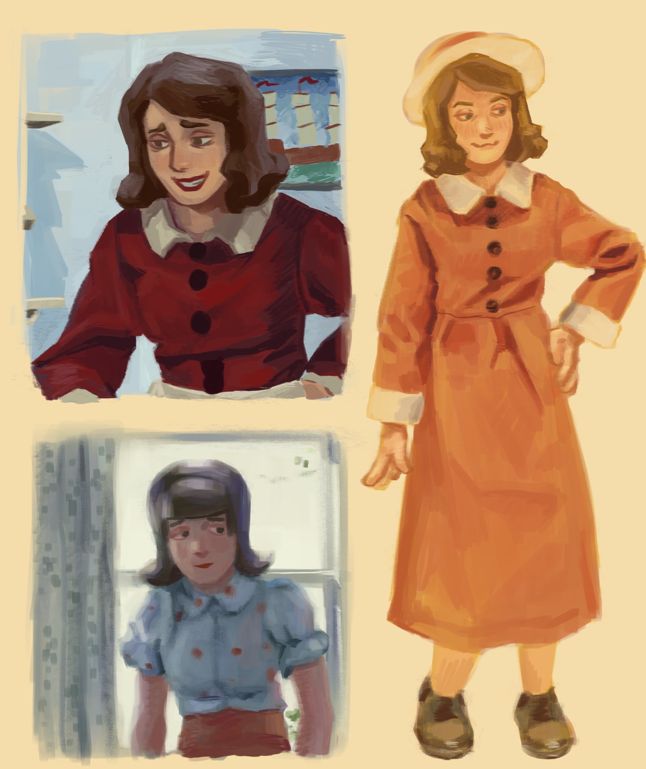 moral orel, absurdres, derivative work, highres, screenshot redraw, 1950s fashion, 1girl, :3, bloberta puppington, brown hair, collared dress, dress, full body, grin, hat, kureome, medium hair, puffy short sleeves, puffy sleeves, red dress, scene reference, shoes, short sleeves, smile, upper body