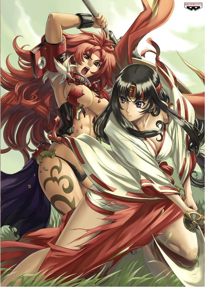 eiwa, musha miko tomoe, risty (queen's blade), tomoe (queen's blade), wilderness bandit risty, queen's blade, 00s, 2girls, abs, armor, battle, black hair, blue eyes, breasts, cleavage, headband, japanese clothes, katana, large breasts, long hair, mace, miko, multiple girls, muscular, purple eyes, ribbon-trimmed sleeves, ribbon trim, shield, sword, torn clothes, weapon