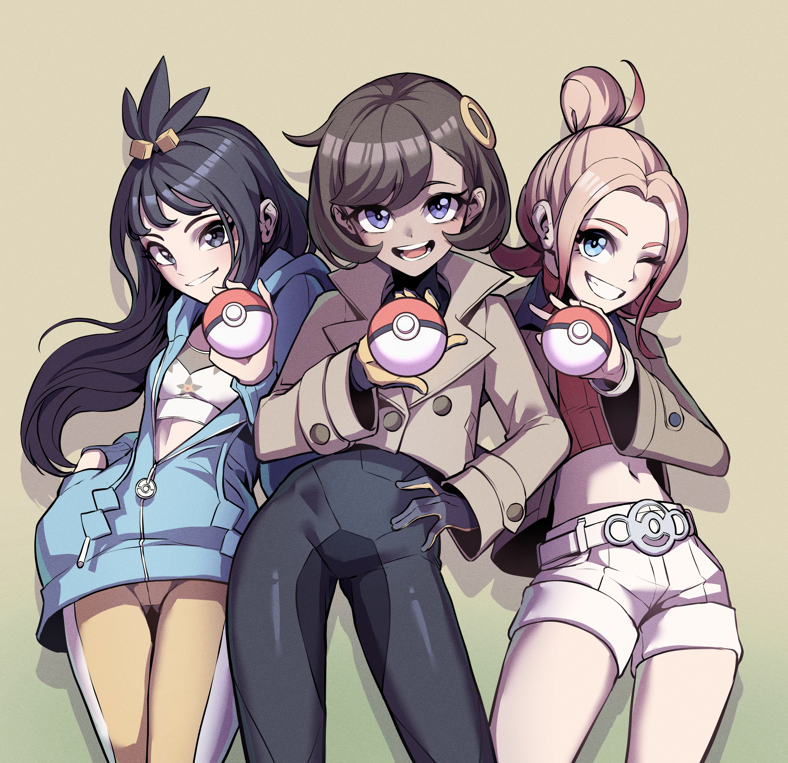 yogert chip, emma (pokemon), lida (pokemon), taunie (pokemon), nintendo, pokemon, pokemon legends: z-a, absurdres, highres, 3girls, :d, belt, black bodysuit, black hair, blonde hair, blue eyes, blue jacket, bodysuit, breasts, brown hair, brown jacket, crop top, grey eyes, grin, hand in pocket, holding, holding poke ball, jacket, midriff, multiple girls, navel, one eye closed, open mouth, pants, poke ball, poke ball (basic), purple eyes, short hair, shorts, simple background, small breasts, smile, white belt, white shorts, yellow background, yellow pants