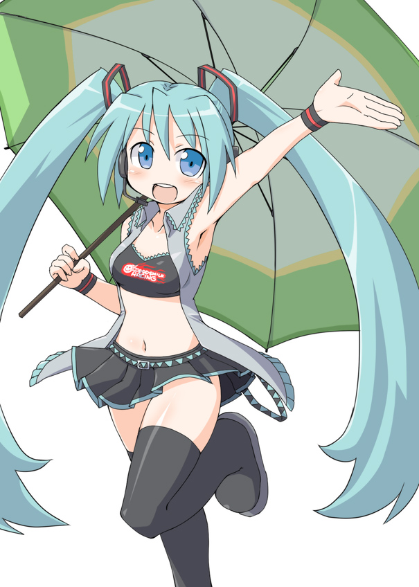 naitou kouse, hatsune miku, racing miku, goodsmile company, goodsmile racing, vocaloid, 1girl, aqua hair, armpits, bandeau, black thighhighs, blue eyes, female focus, green hair, hair ornament, headset, laughing, long hair, midriff, miniskirt, navel, open mouth, pleated skirt, race queen, simple background, skirt, smile, solo, standing, strapless, thighhighs, tube top, twintails, umbrella, very long hair, waving, wristband, zettai ryouiki