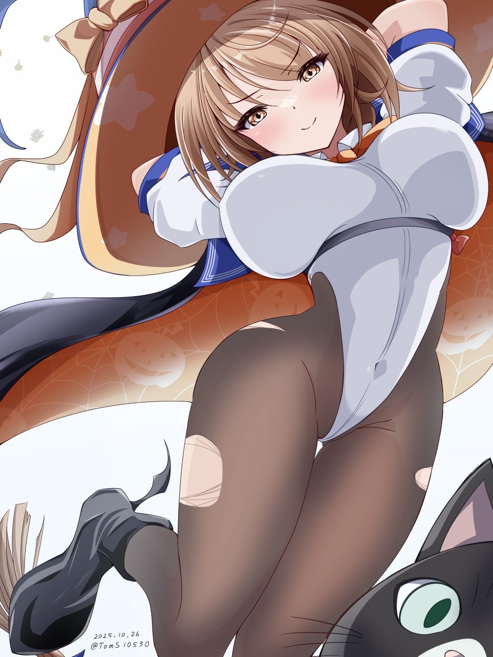 toms, richard p. leary (halloween) (kancolle), richard p. leary (kancolle), richard p. leary kai (kancolle), unsinkable sam, kantai collection, commentary request, highres, variant set, 1girl, ahoge, arms behind head, arms up, bed, bed sheet, black hair, black pantyhose, blush, braid, breasts, broom, brown eyes, brown hair, cape, cat, closed mouth, covered navel, dated, halloween costume, highleg, highleg leotard, large breasts, leg up, leotard, long hair, looking at viewer, orange cape, pantyhose, pillow, short hair, simple background, single braid, smile, solo focus, super highleg, torn clothes, torn pantyhose, twitter username, two-sided cape, two-sided fabric, white background, white leotard