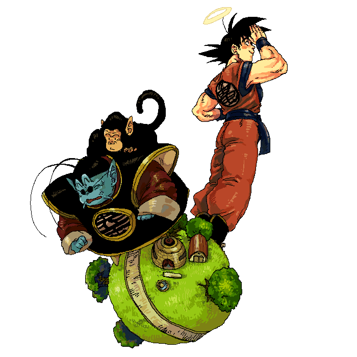 nitako, north kaiou, son goku, dragon ball, dragonball z, 2boys, black hair, clothes writing, male focus, monkey, multiple boys, oekaki
