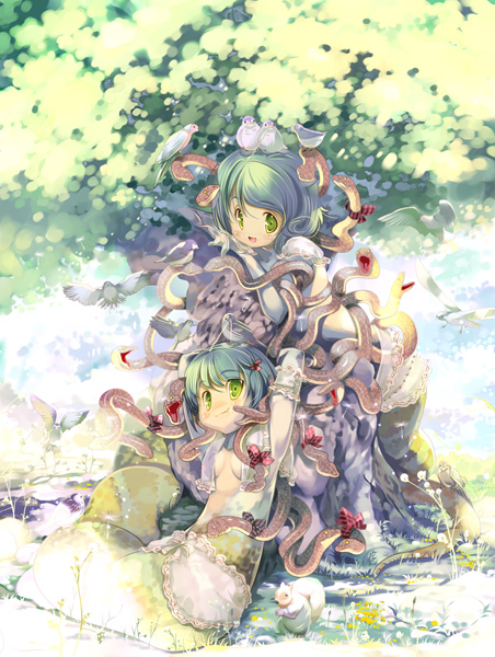 hanpen, 2girls, bird, frills, green hair, lamia, monster girl, multiple girls, snake, tree