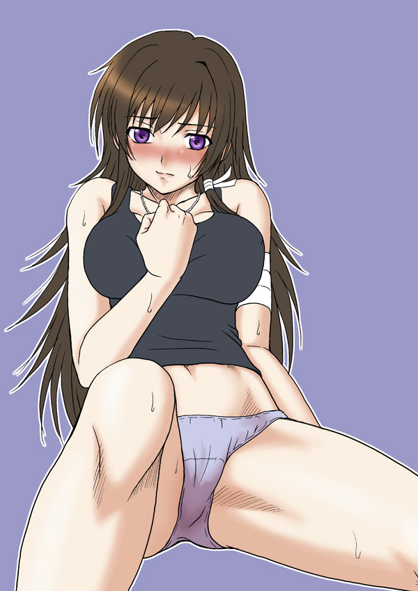 misnon the great, takamura yui, muv-luv, muv-luv alternative, muv-luv total eclipse, 1girl, arm support, blue panties, blush, breasts, brown hair, female focus, long hair, midriff, no pants, panties, purple eyes, simple background, sitting, solo, tank top, underwear