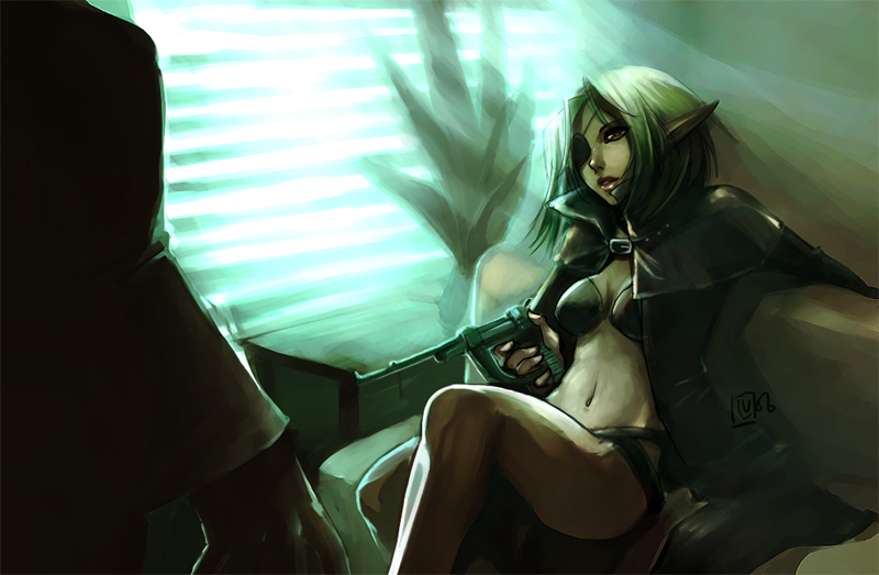 kheleksul, original, 1girl, bikini, bikini top only, cape, elf, eyepatch, female focus, gun, midriff, plant, pointy ears, red eyes, short hair, solo focus, swimsuit, weapon, white hair, window