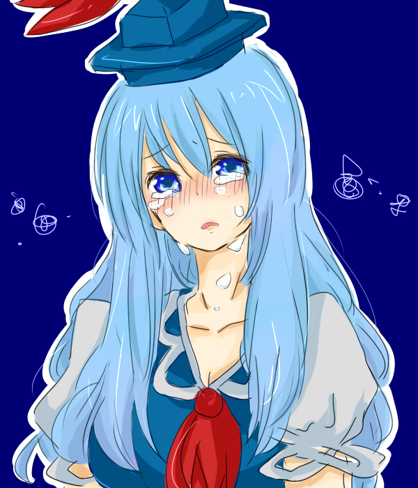 zawameki, kamishirasawa keine, touhou, bad id, bad pixiv id, 1girl, blue eyes, blue hair, blush, female focus, hat, long hair, simple background, solo, tears, upper body