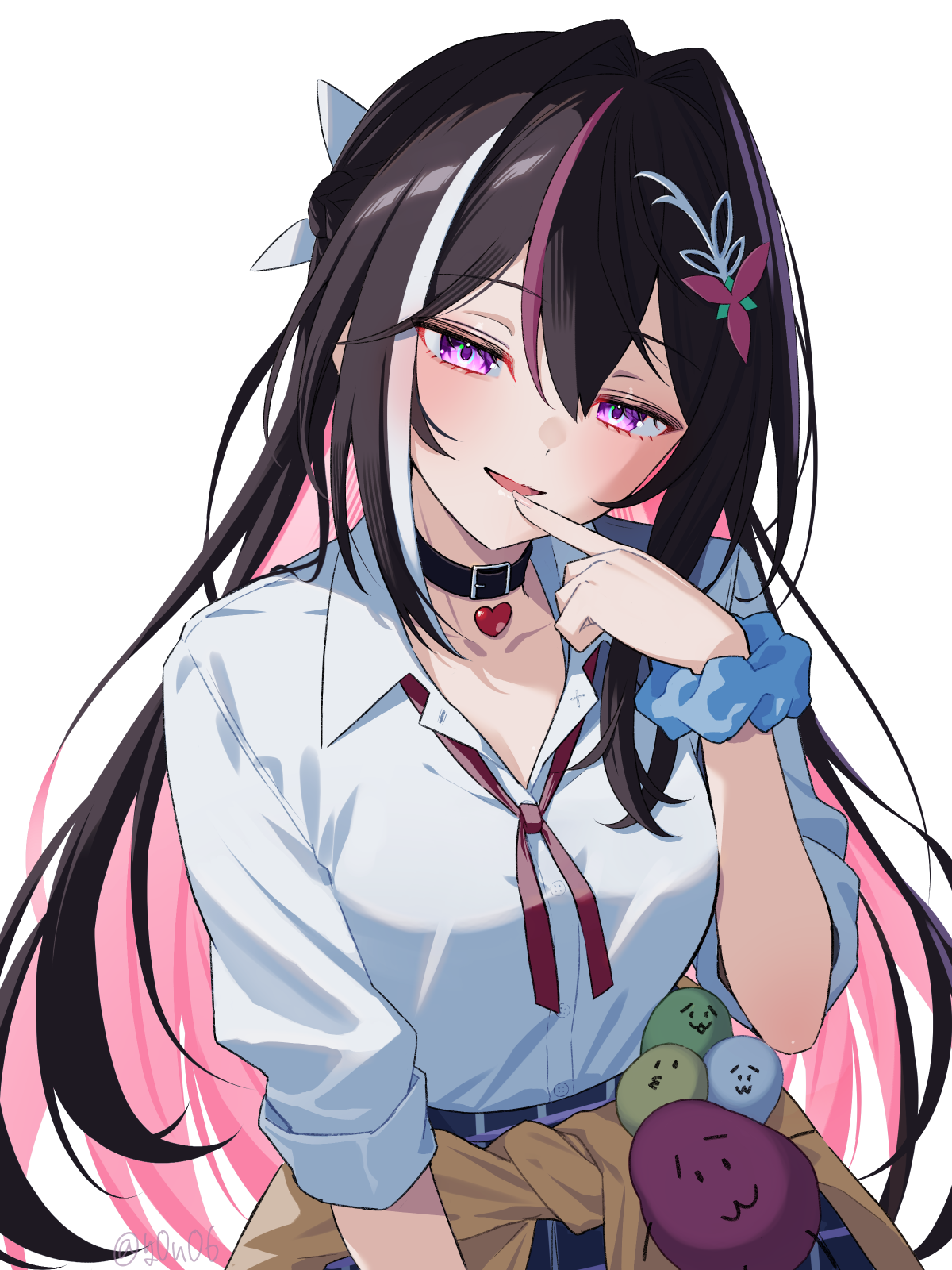 you06, azki (hololive), hololive, commentary request, highres, 1girl, :d, alternate costume, asymmetrical sidelocks, black collar, black hair, blue skirt, cardigan, cardigan around waist, clothes around waist, collar, collared shirt, colored inner hair, double-parted bangs, hair intakes, hand up, long hair, looking at viewer, mole, mole under eye, multicolored hair, open mouth, pendant collar, pink hair, purple eyes, school uniform, scrunchie, shirt, shirt tucked in, sidelocks, simple background, skirt, smile, solo, streaked hair, upper body, very long hair, virtual youtuber, white background, white hair, white shirt, wrist scrunchie, yellow cardigan