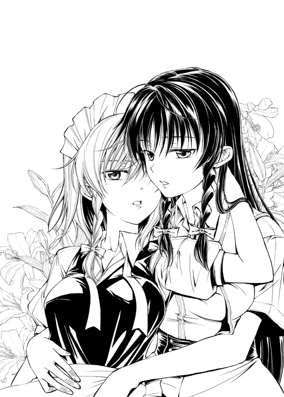 asou shin, hong meiling, izayoi sakuya, embodiment of scarlet devil, touhou, 2girls, braid, female focus, flower, greyscale, long hair, maid headdress, monochrome, multiple girls, short hair, twin braids, yuri