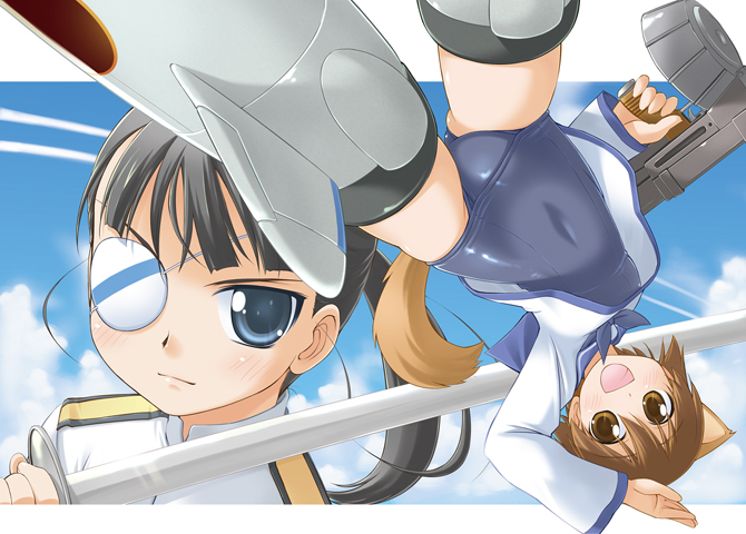 bakutendou, miyafuji yoshika, sakamoto mio, strike witches, world witches series, bad id, bad pixiv id, 00s, 2girls, animal ears, black hair, brown hair, eyepatch, gun, multiple girls, no pants, one-piece swimsuit, ponytail, school swimsuit, short hair, striker unit, swimsuit, swimsuit under clothes, sword, tail, weapon