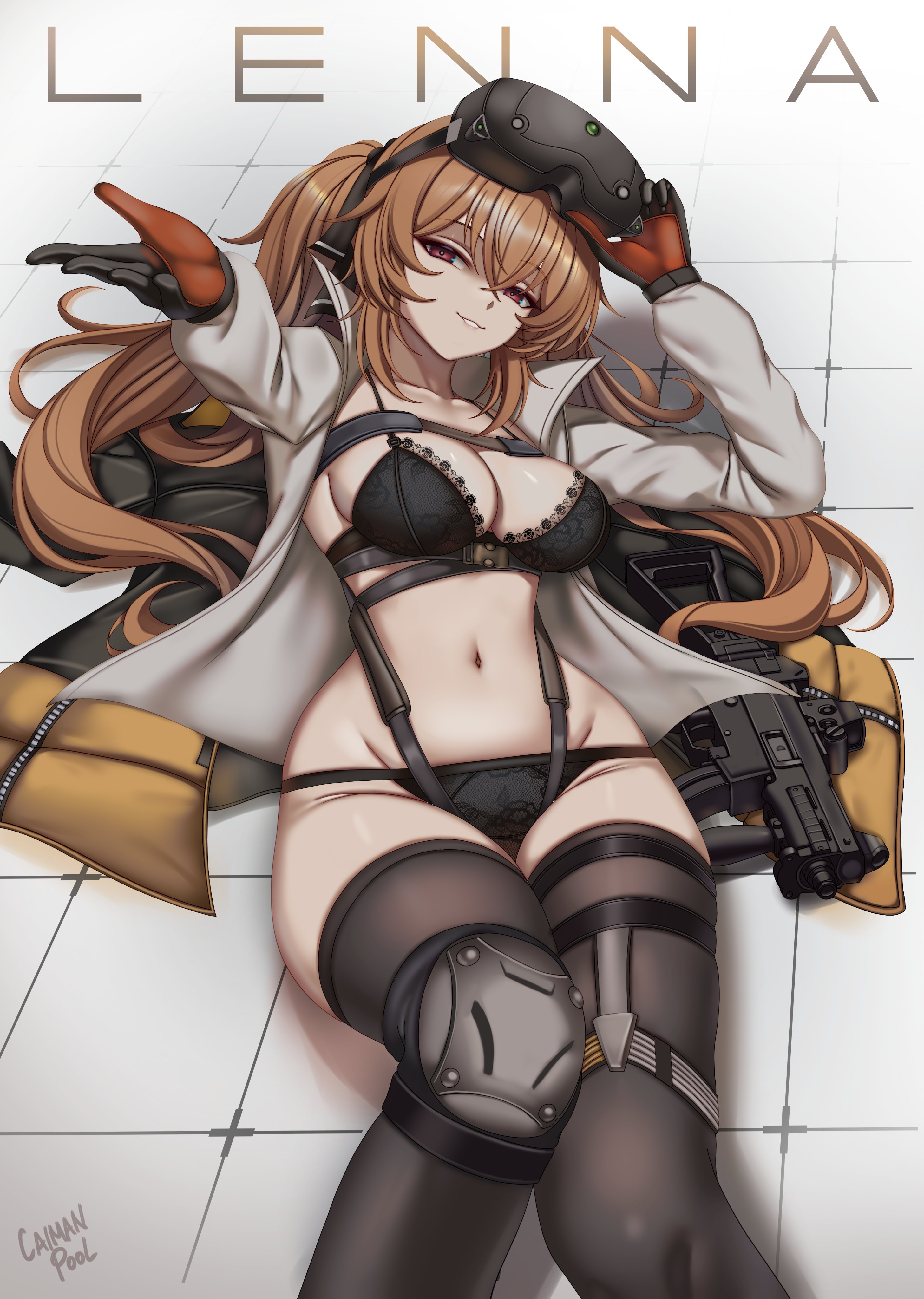 caiman pool, lenna (girls' frontline 2), ump9 (girls' frontline), girls' frontline, girls' frontline 2: exilium, absurdres, commentary, english commentary, highres, 1girl, artist name, black bra, black gloves, black panties, black thighhighs, bra, brown hair, character name, collarbone, gloves, gun, h&k ump, head-mounted display, jacket, kneehighs, looking at viewer, lying, navel, on back, open clothes, open shirt, panties, red gloves, shirt, single kneehigh, single sock, smile, socks, solo, submachine gun, thighhighs, tile floor, tiles, twintails, two-tone gloves, underwear, unworn jacket, weapon, white shirt