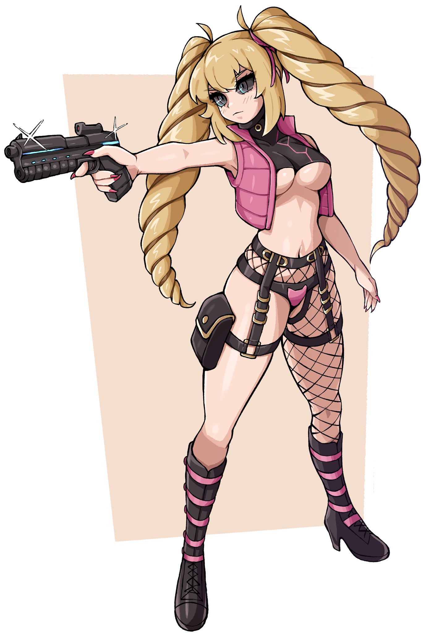 oninuer, original, commentary, commission, english commentary, highres, 1girl, aiming, belt, black belt, black boots, black eyes, black sclera, blonde hair, boots, breasts, closed mouth, colored sclera, crop top, cropped jacket, double-parted bangs, fingernails, full body, gun, high heel boots, high heels, holding, holding gun, holding weapon, jacket, large breasts, midriff, nail polish, open clothes, open jacket, pink jacket, pink nails, pouch, simple background, single fishnet legwear, sleeveless, sleeveless jacket, solo, standing, thigh pouch, twintails, weapon