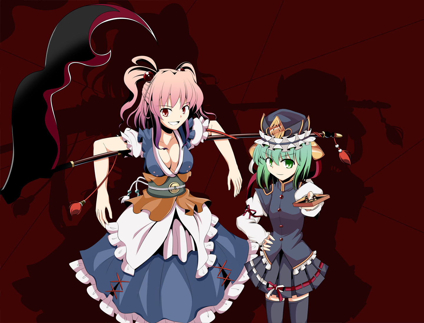 kagiyama shachou, p hakotsuki, onozuka komachi, shiki eiki, touhou, bad id, bad pixiv id, 2girls, female focus, multiple girls, rod of remorse, thighhighs, zettai ryouiki