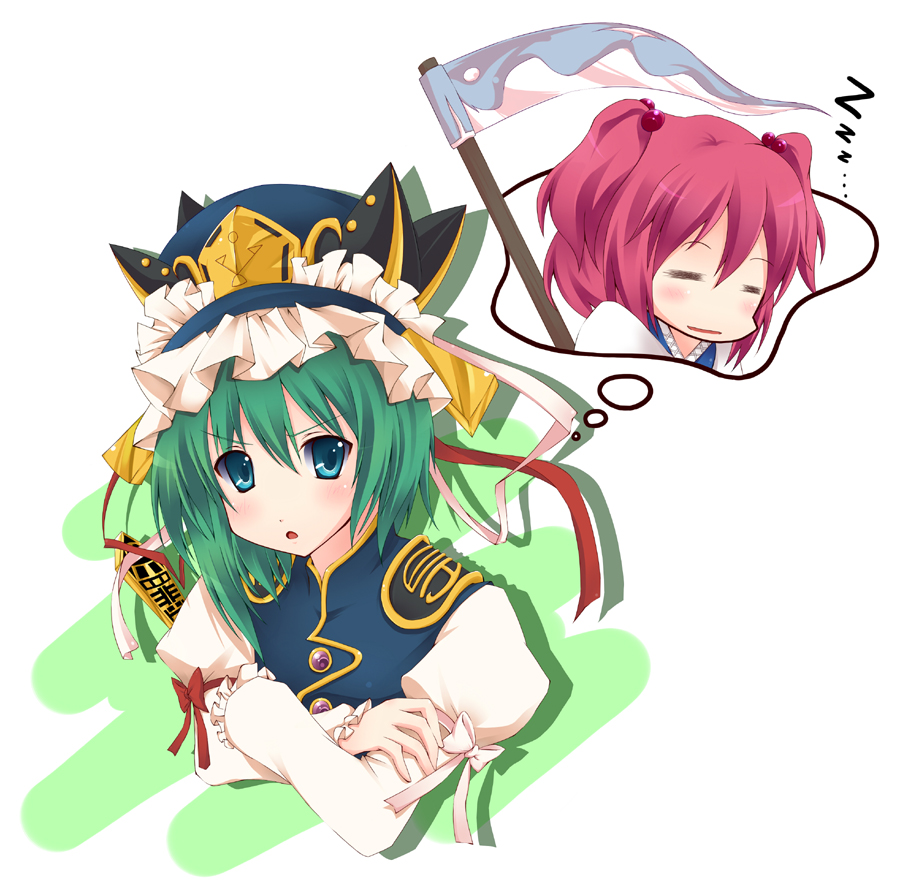 yuurakudou kurono, onozuka komachi, shiki eiki, touhou, bad id, bad pixiv id, 2girls, blue eyes, female focus, green hair, hat, multiple girls, pink hair, rod of remorse, scythe, short hair, upper body, white background