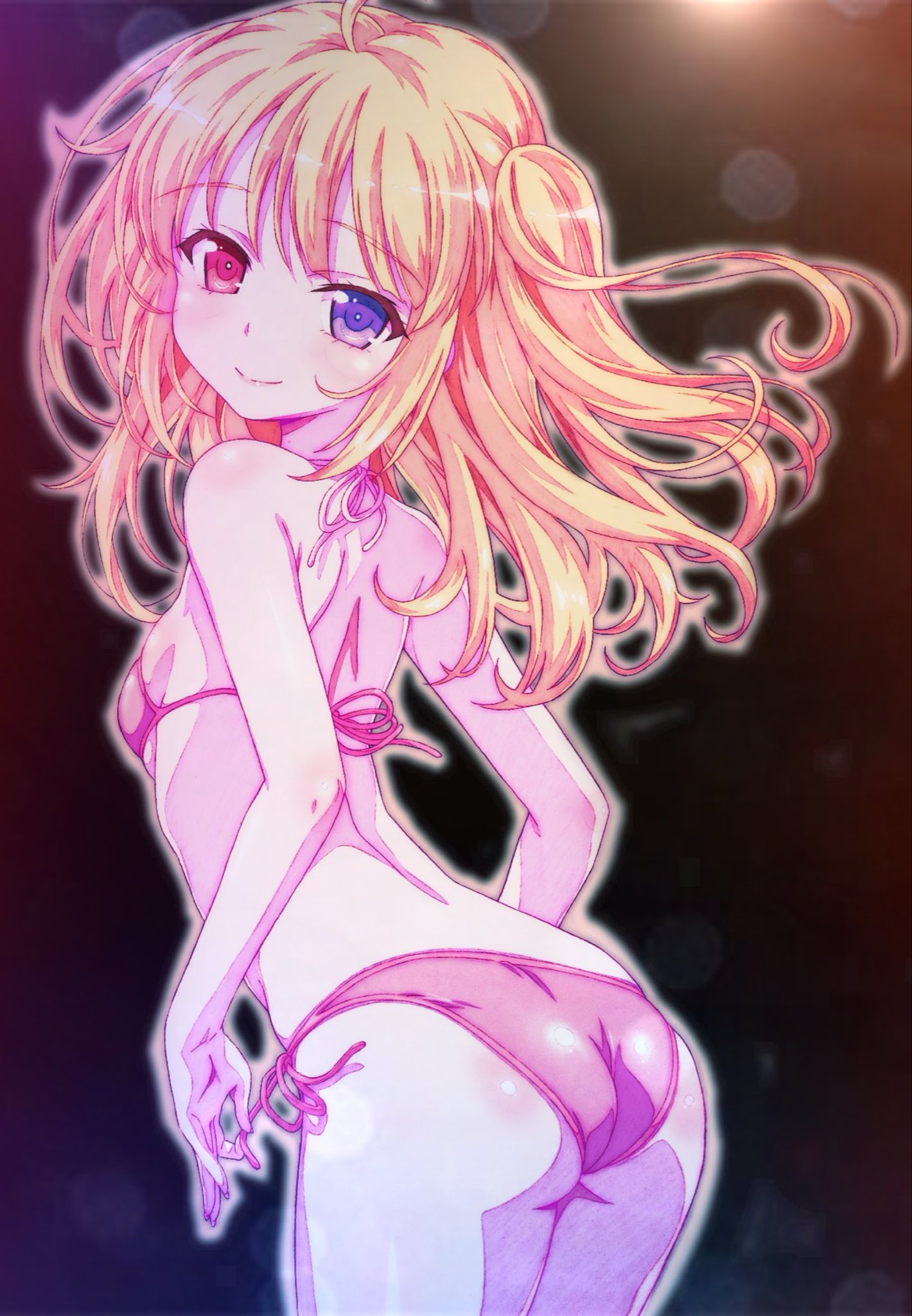 watanabe yoshihiro, hasegawa kobato, boku wa tomodachi ga sukunai, commentary request, highres, revision, 1girl, ass, bare shoulders, bikini, black background, blonde hair, blue eyes, blush, breasts, closed mouth, cosplay, from behind, gradient background, heterochromia, kigurumi, lens flare, long hair, looking at viewer, looking back, median furrow, pink bikini, purple eyes, red eyes, shoulder blades, side-tie bikini bottom, small breasts, smile, solo, string bikini, swimsuit, two side up, untying