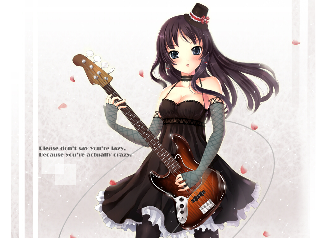 sadakofxe, akiyama mio, don't say "lazy", k-on!, bad id, bad pixiv id, 00s, 1girl, bare shoulders, black hair, blue eyes, dress, english text, female focus, hat, instrument, mini hat, mini top hat, pantyhose, solo, top hat