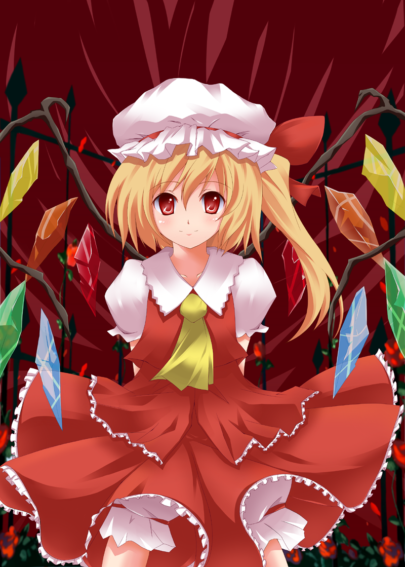 yuurakudou kurono, flandre scarlet, touhou, bad id, bad pixiv id, 1girl, blonde hair, blouse, collared shirt, female focus, frilled vest, frills, hair between eyes, hat, mob cap, one side up, ponytail, red background, red eyes, shirt, short hair, side ponytail, solo, vest, white hat, white shirt, wings