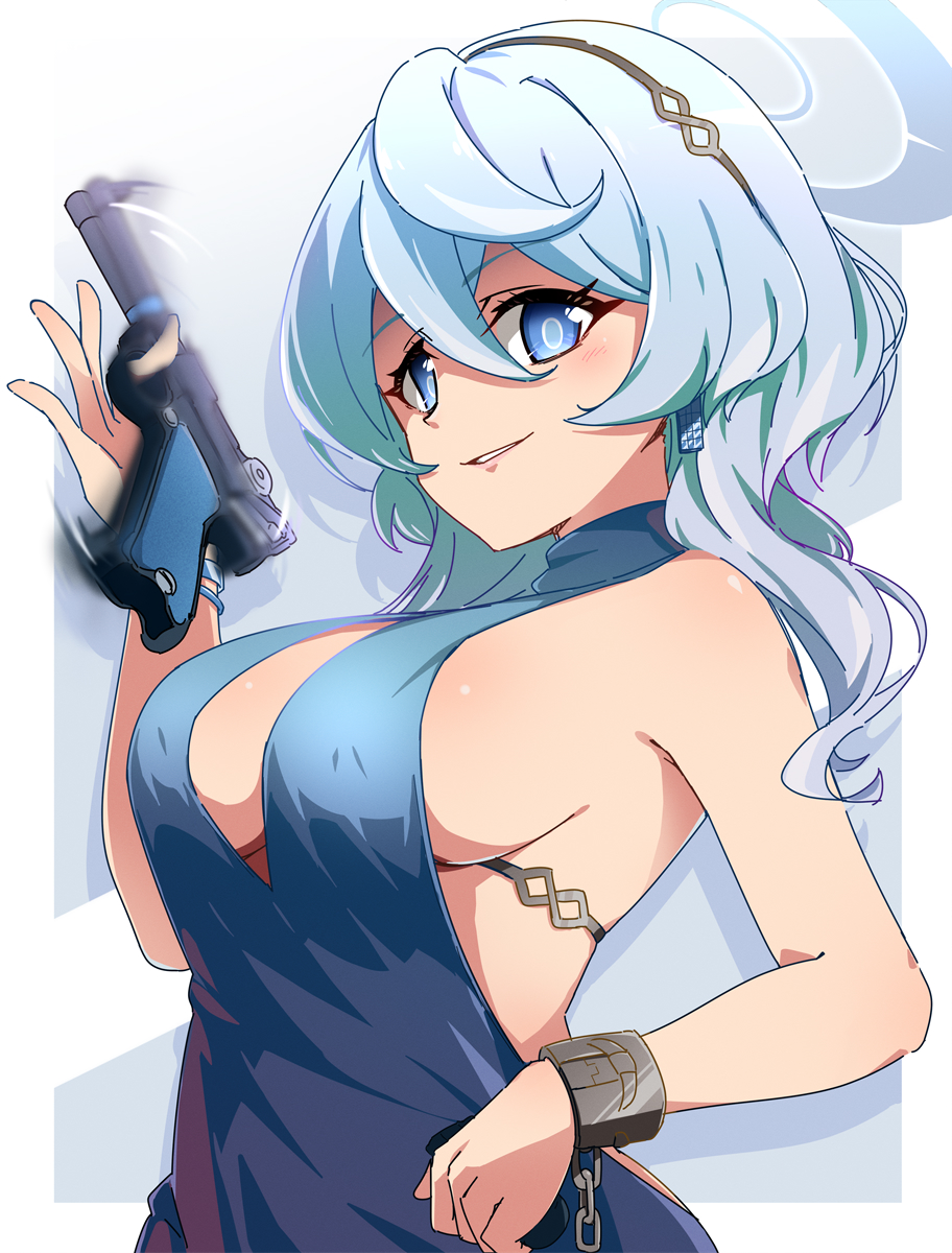 necono (nekonosora1207), ako (blue archive), ako (dress) (blue archive), blue archive, commentary request, highres, 1girl, bare shoulders, blue dress, blue eyes, blue hair, blue halo, border, breasts, dress, grin, gun, halo, handgun, large breasts, looking at viewer, luger p08, outside border, sideboob, smile, solo, spinning gun, spinning weapon, upper body, weapon, white border
