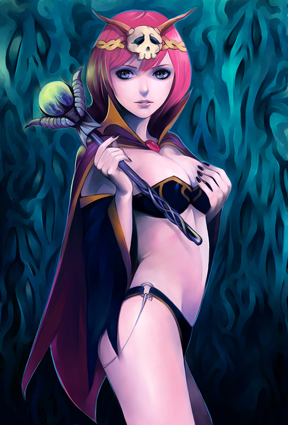 itori (clarice note), lenna charlotte tycoon, necromancer (final fantasy), final fantasy, final fantasy v, breast hold, bad id, bad pixiv id, 1990s (style), 1girl, bikini, black nails, blue eyes, breasts, cape, cleavage, detached sleeves, female focus, nail polish, necromancer, pink hair, retro artstyle, short hair, skull, solo, swimsuit, wand