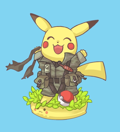 mayuzumi, pikachu, metal gear (series), metal gear solid, nintendo, pokemon, md5 mismatch, :3, blue background, cameo, clothed pokemon, costume, faux figurine, gen 1 pokemon, holding, no humans, parody, poke ball, poke ball (basic), pokemon (creature), pokemon focus, simple background, solo, themed object