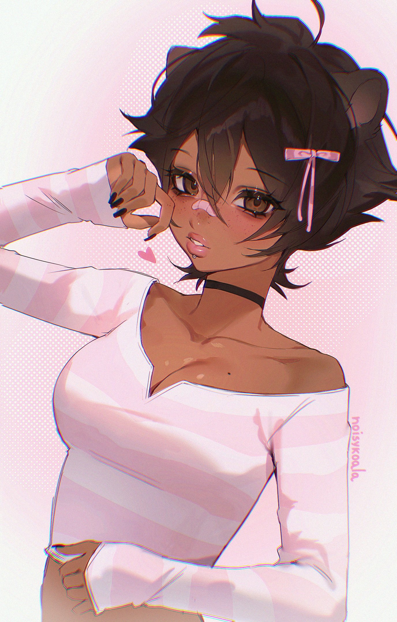 noisykoala, original, commentary, english commentary, highres, 1girl, aegyo sal, animal ears, artist name, bandaid, bandaid on face, bandaid on nose, bear ears, bear girl, black choker, black nails, breasts, brown eyes, brown hair, choker, chromatic aberration, cleavage, collarbone, cropped shirt, curled fingers, dark-skinned female, dark skin, double-parted bangs, eyelashes, face piercing, film grain, fingernails, freckles, hair between eyes, hair ribbon, halftone, hand on own cheek, hand on own face, hand on own stomach, heart, labret piercing, long fingernails, looking at viewer, medium breasts, parted lips, piercing, pink ribbon, pink shirt, pink theme, pixie cut, ribbon, rika (noisykoala), shirt, single bare shoulder, sketch, sleeves past wrists, striped clothes, striped shirt, teeth, thick lips, two-tone background, upper body, white background