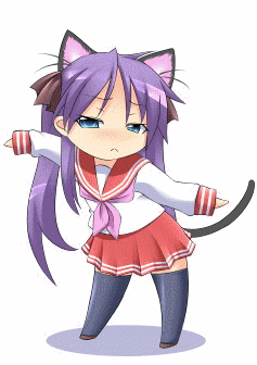 hiiragi kagami, capcom, lucky star, monster hunter (series), animated, animated gif, lowres, 1girl, animal ears, aqua eyes, blush, cat ears, cat tail, chibi, closed eyes, dancing, female focus, frown, kyu kyu kyu nyaa, long hair, long sleeves, parody, purple hair, school uniform, serafuku, smile, solo, tail, thighhighs, twintails, zettai ryouiki